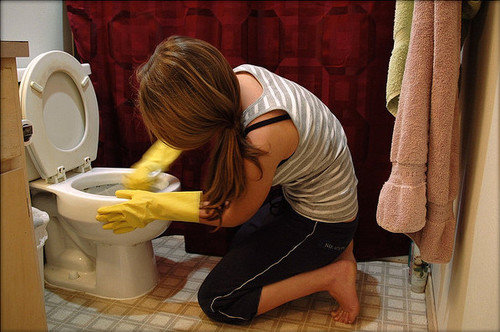 mom cleaning toilet