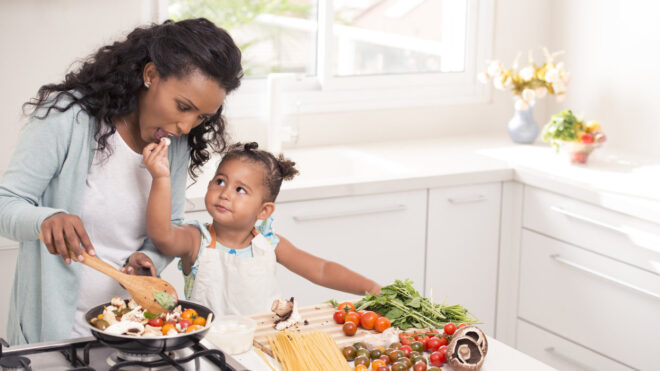 mom toddler cooking