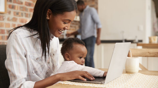 mom with baby and laptop