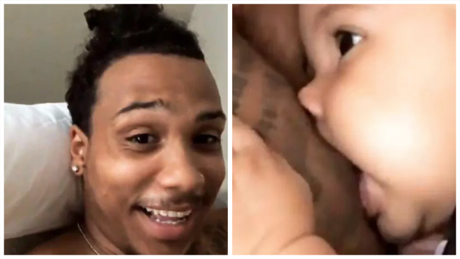 dad lets baby nurse on him