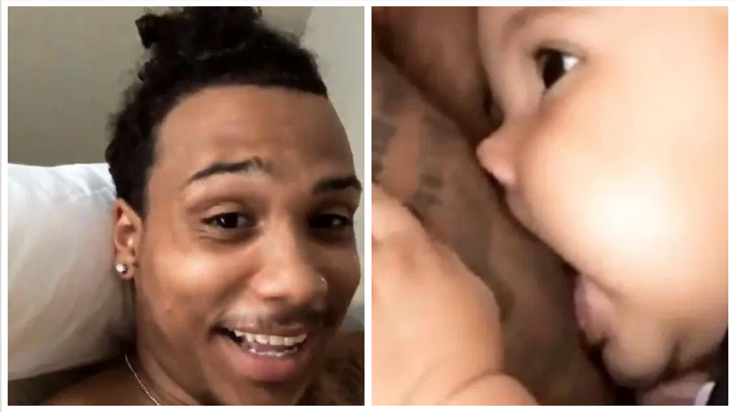 dad lets baby nurse on him