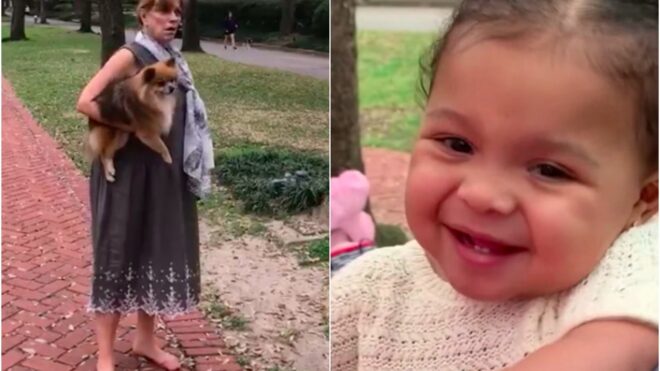 Franci Neely holds her dog while confronting a couple's toddler photo shoot.