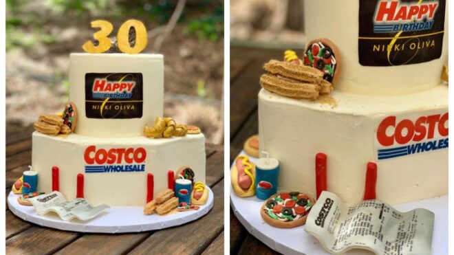 A two-tiered Costco cake sits on an outdoor table