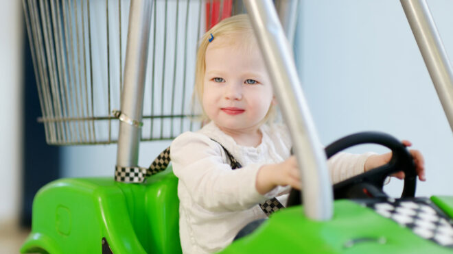 little girl in grocery store shopping cart