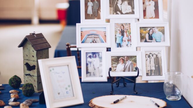 Family photos at wedding reception