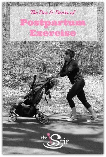 Photo of mom with stroller and text 'Dos and Donts of Postpartum Exercise'