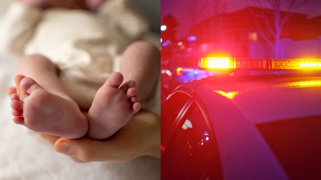 newborn baby's feet next to police car lights