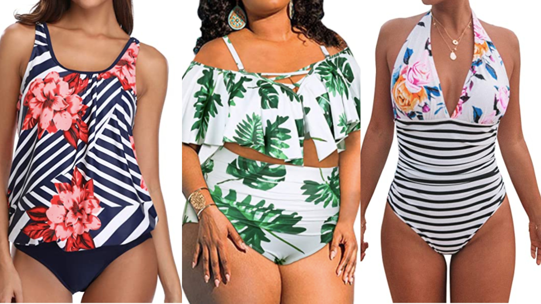 Three women wearing affordable Amazon Swimsuits