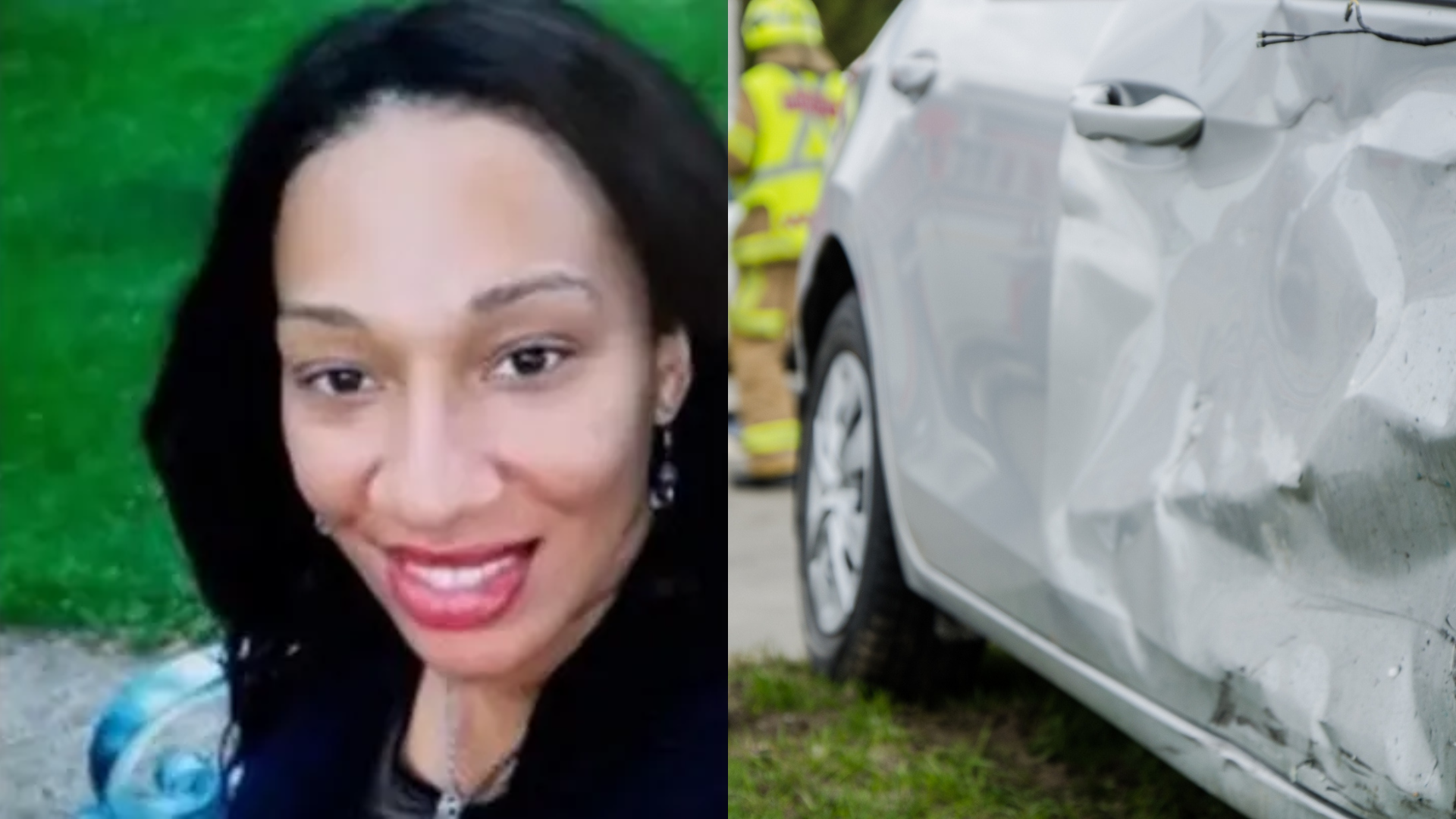 side by side of Andrea Edwards and a gray car that has been smashed