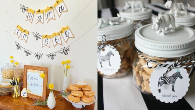 "Mama to Bee" baby shower banner; animal cracker favors