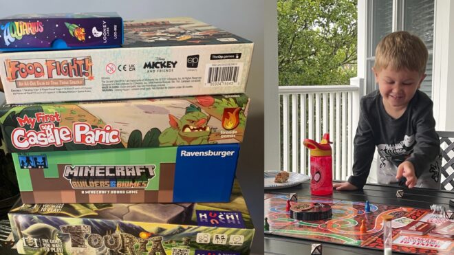 Board Games stack (left) young boy joyously rolling a game dye for board game jumanji