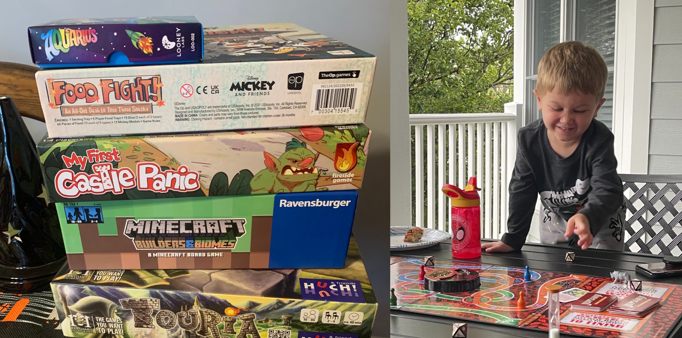 Board Games stack (left) young boy joyously rolling a game dye for board game jumanji