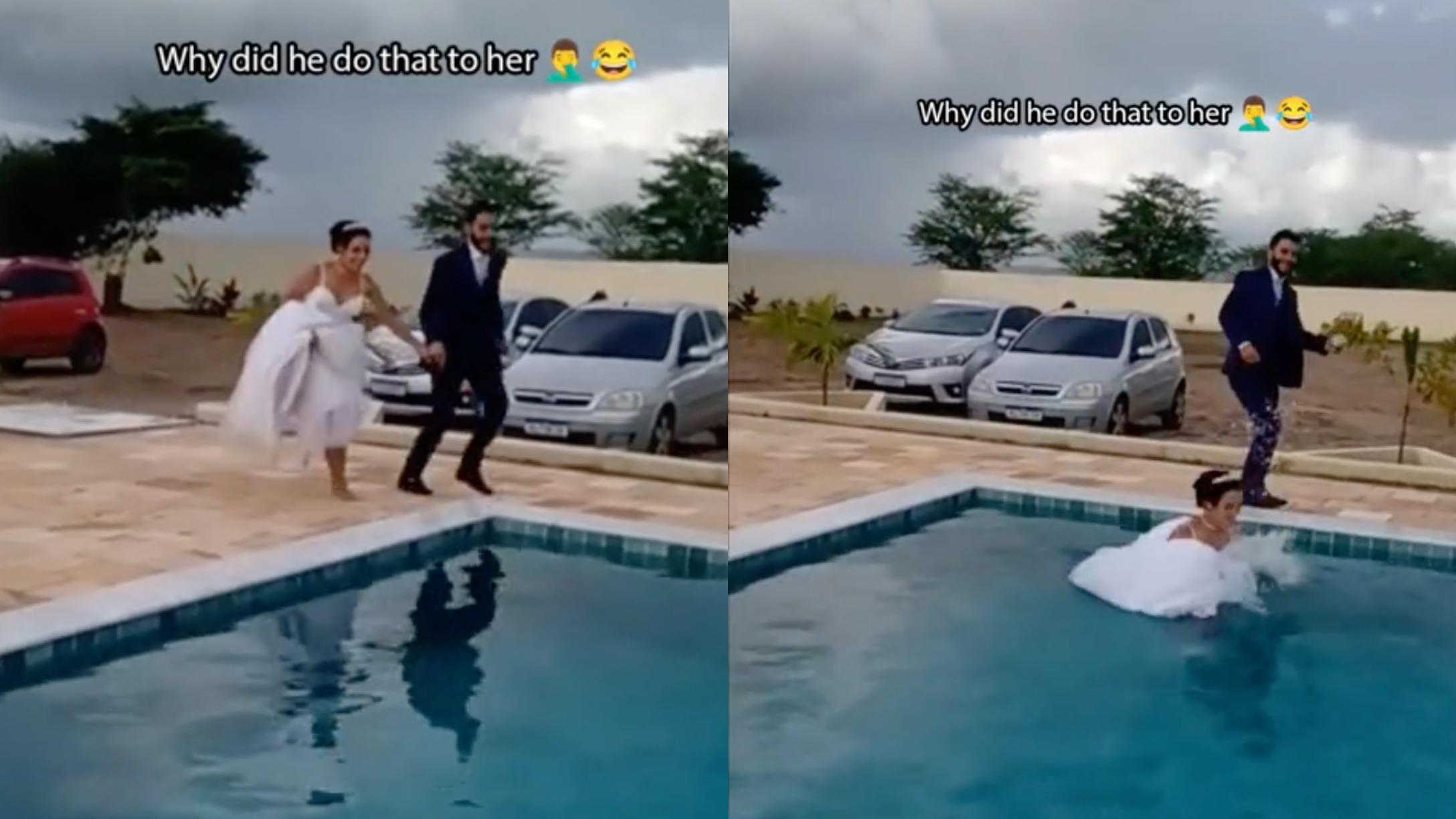Bride and Groom jumping in pool