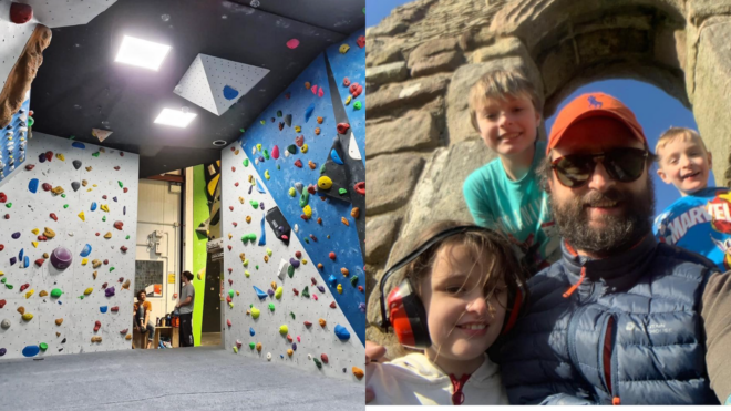 Rock climbing center and father with three kids kong adventure center
