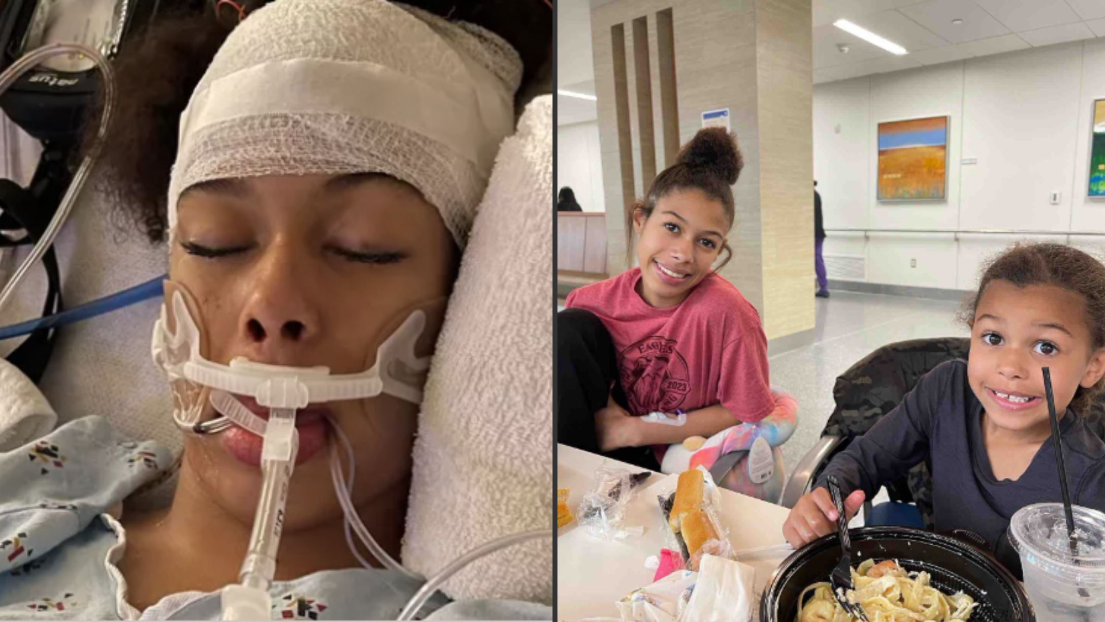 Teen girl hospitalized. Teen girl smiling eating with her sister.