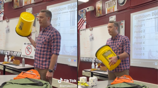 Teacher holding poop bucket