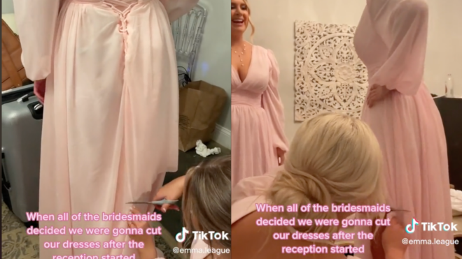 Bridesmaids cutting dresses