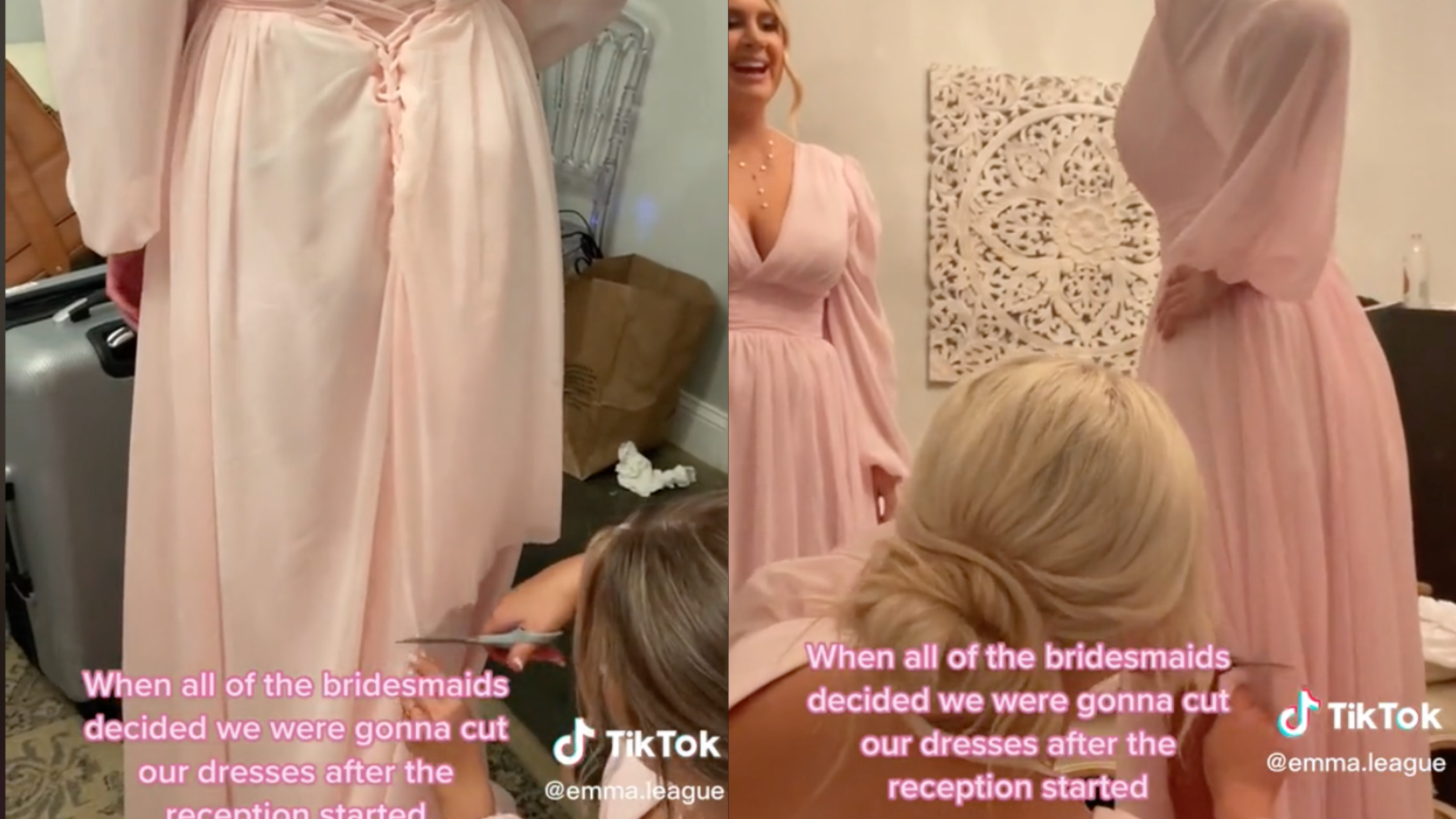 Bridesmaids cutting dresses