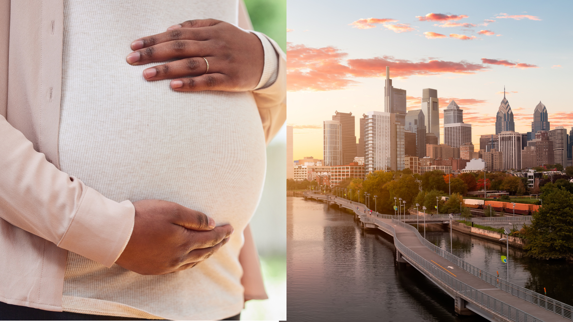 Pregnant woman and photo of city of Philadelphia