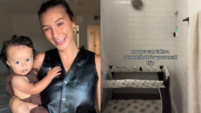 side by side of Chloe Molina with her baby and a screenshot of a travel crib in a shower