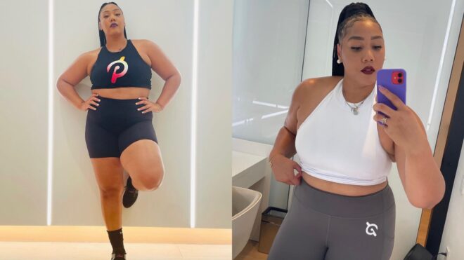 Snapshots of Ash Pryor in her Peloton fitness gear.