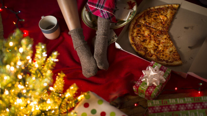 pizza by holiday lights