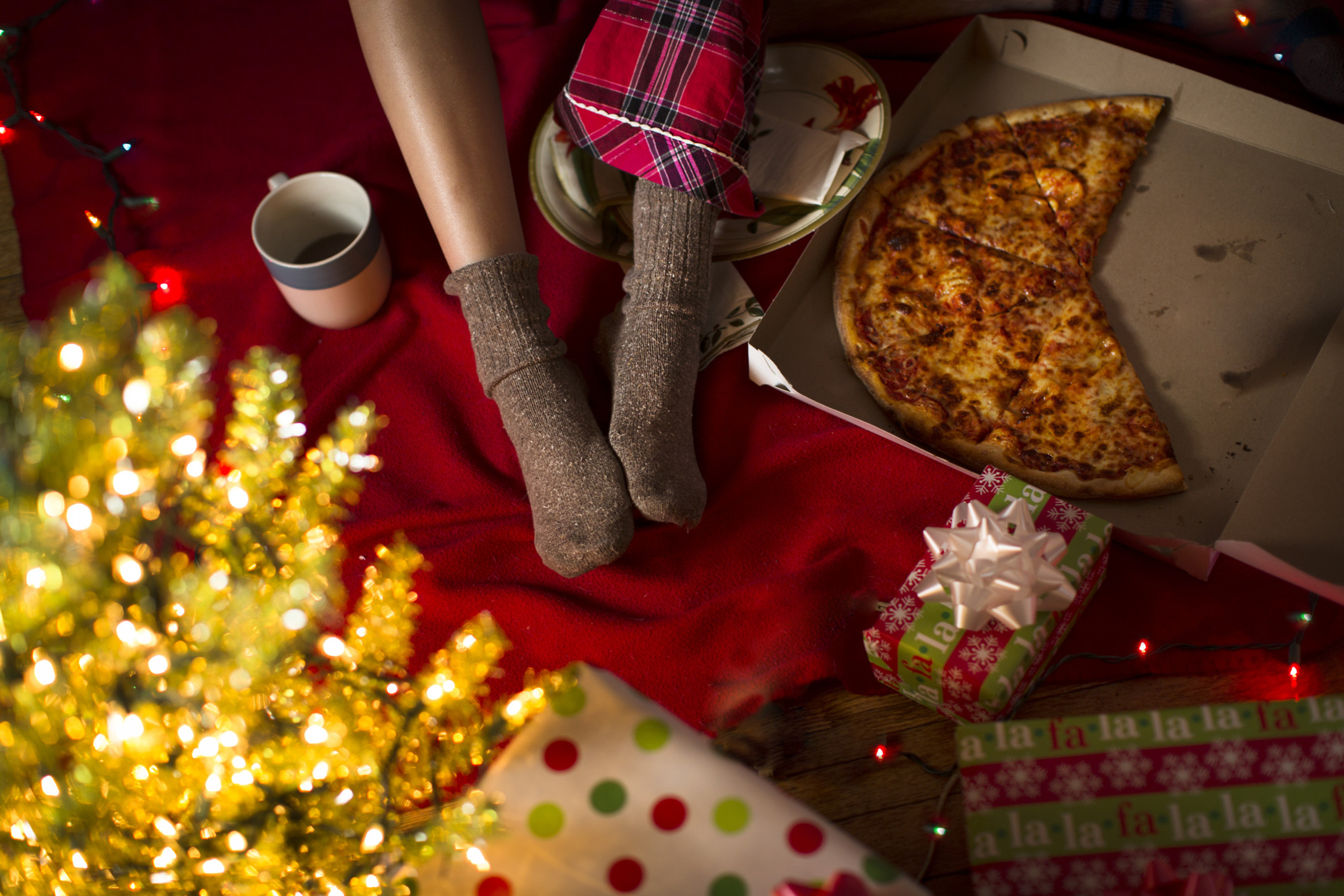 pizza by holiday lights
