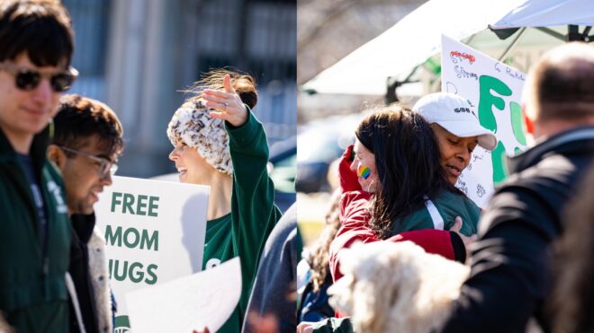 Mom offers hugs to students while holding "Free Mom Hugs"sign