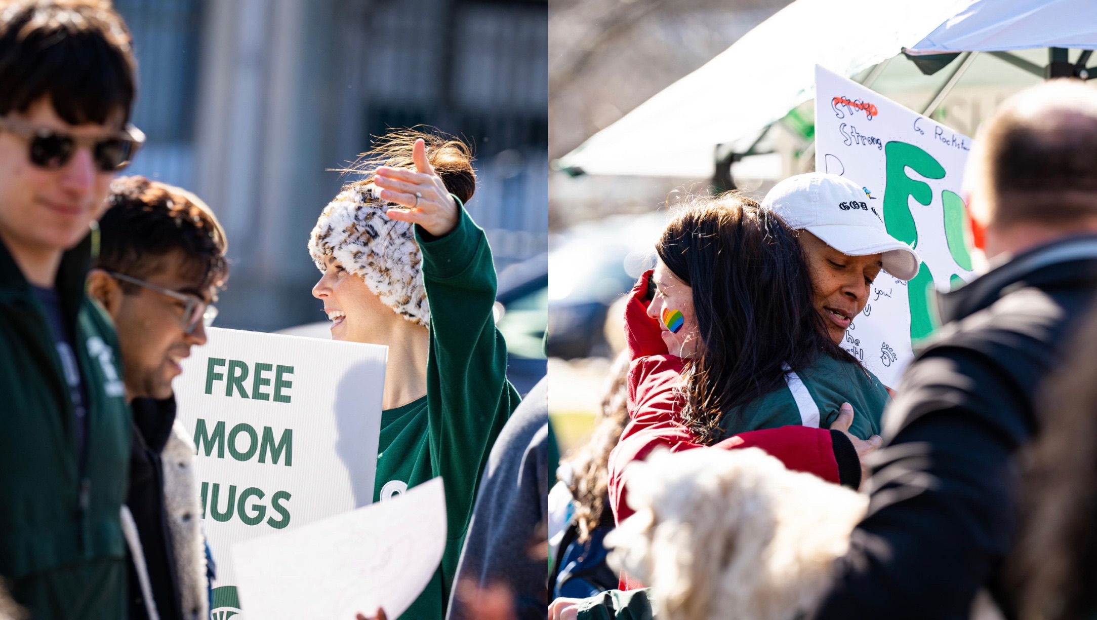 Mom offers hugs to students while holding "Free Mom Hugs"sign