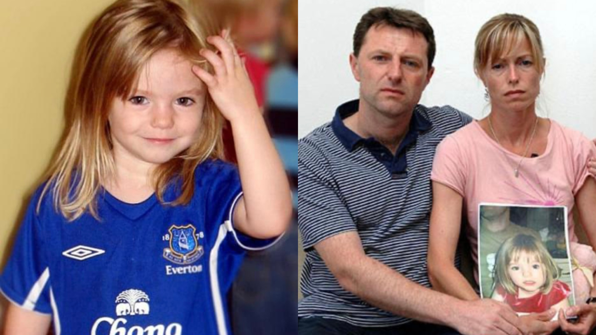 side by side of Madeleine McCann and her parents