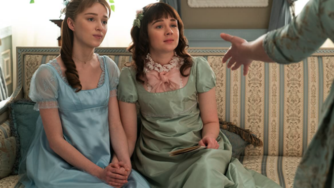 Phoebe Dynevor and Claudia Jessie in Bridgerton (2020)