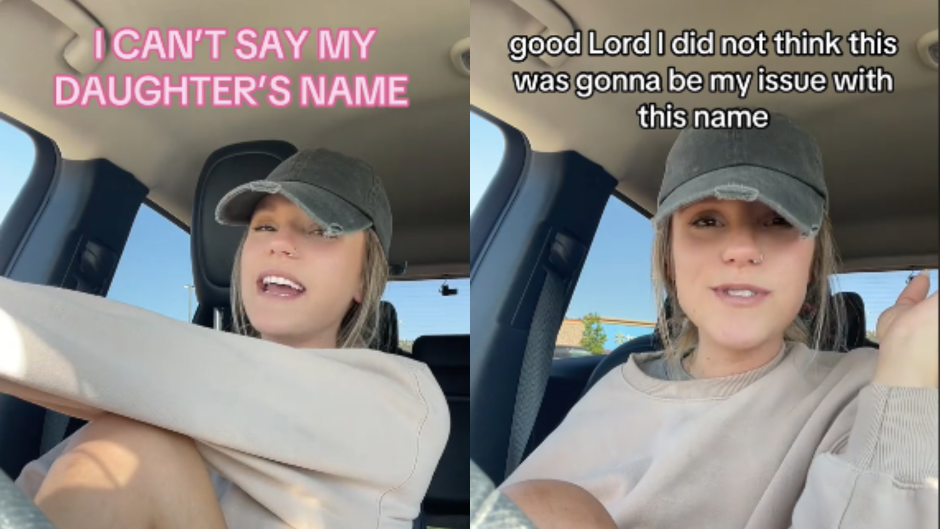 side by side screenshots of TikToker Justus Stroup talking about her daughter's name