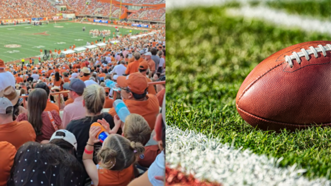 side by side of toddler drinking out of a beer can and a football on a football field