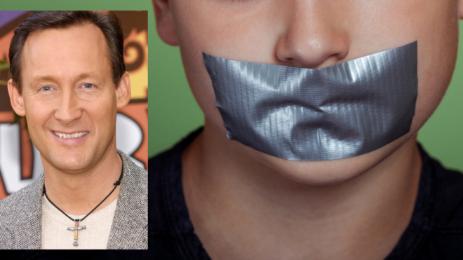 John Raymond from Survivor, a child with his mouth taped shut