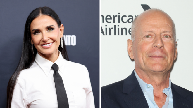 Demi Moore and Bruce Willis smile in front of the camera in separate headshots