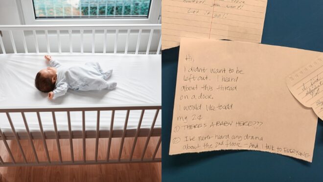 baby sleeping and note about slamming