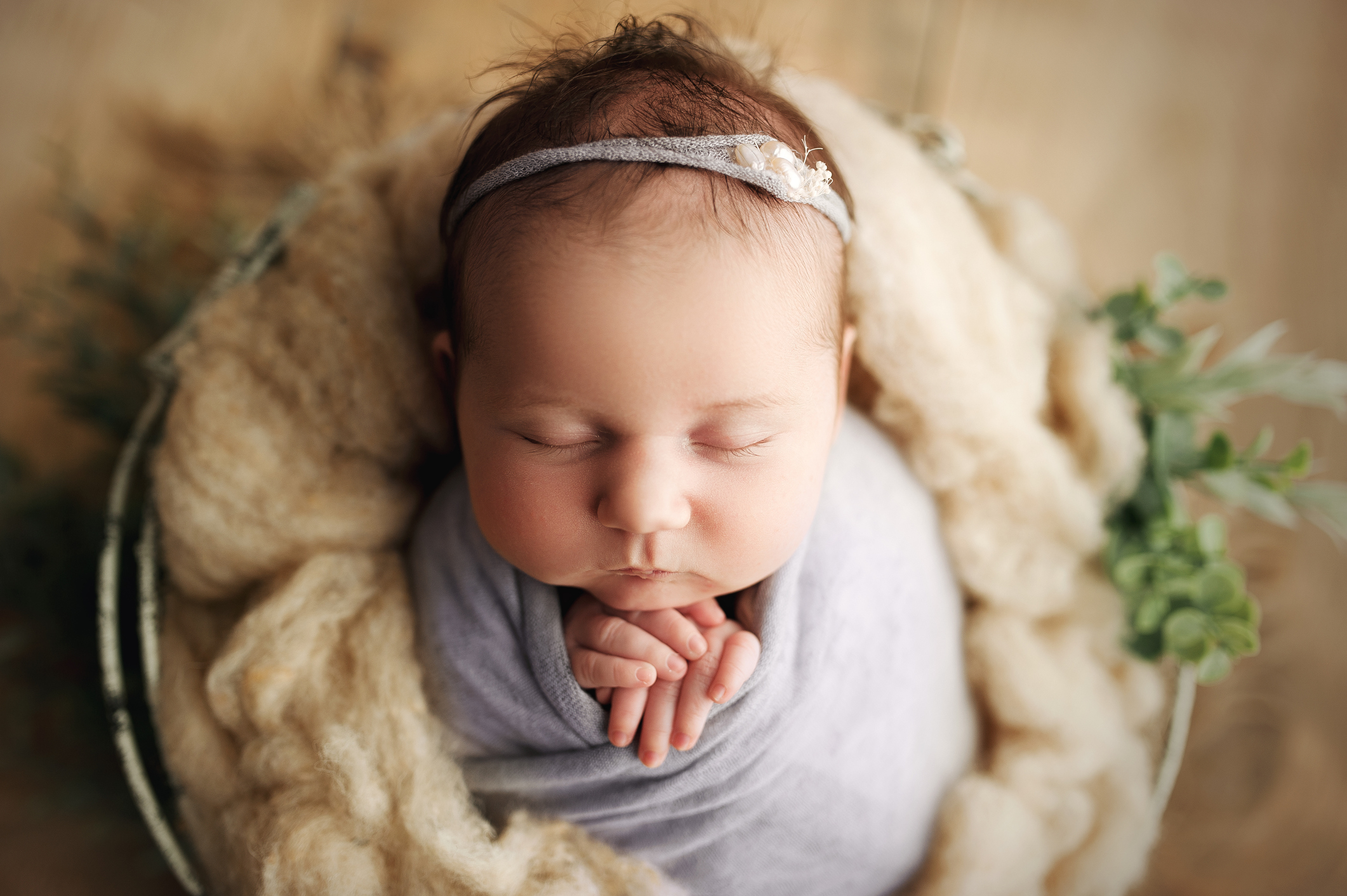 Newborn Baby Girl Swaddled in Prop Basket