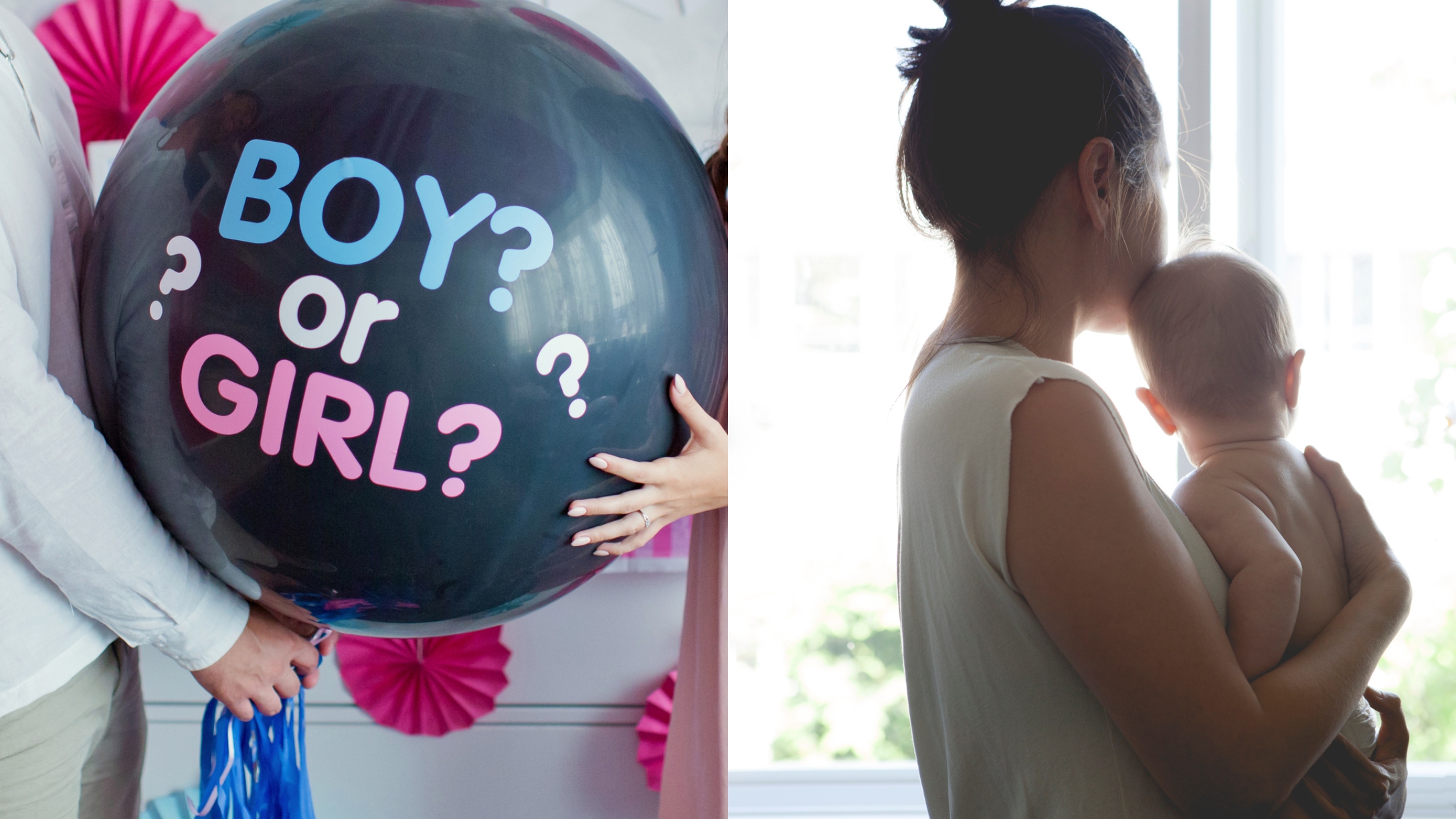 gender reveal balloon and woman holding baby