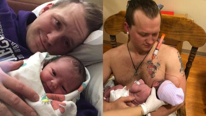 Dad breastfeeding baby