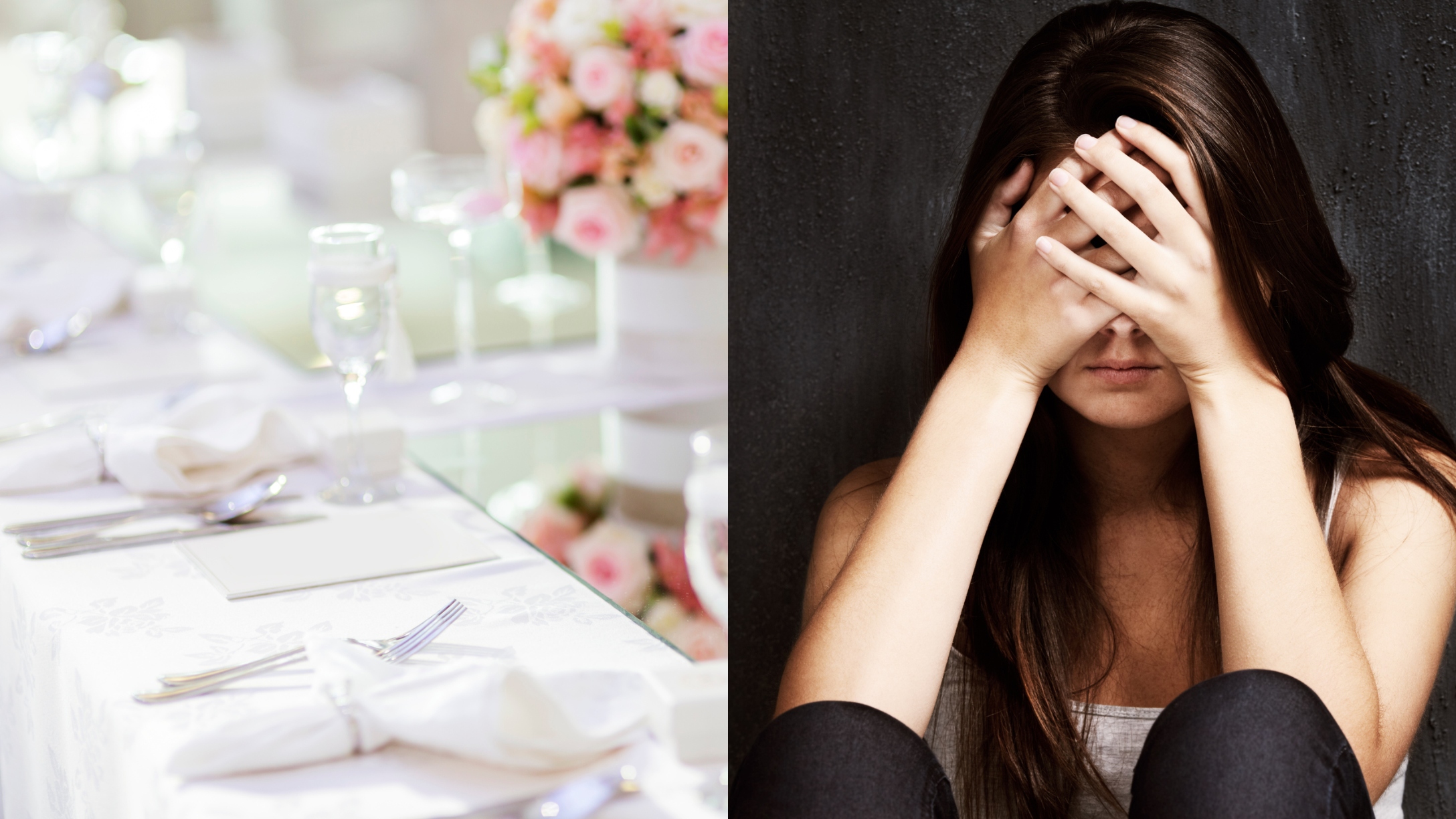wedding place setting; woman puts face in her hands