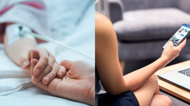 holding hands in hospital and woman looking at phone