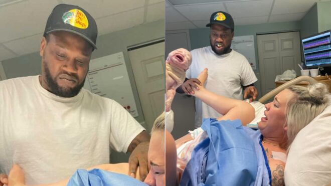 Father's reaction to partner giving birth in viral photos