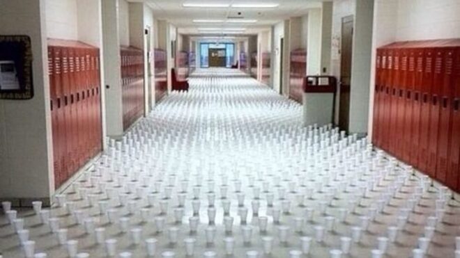cup prank school hallway