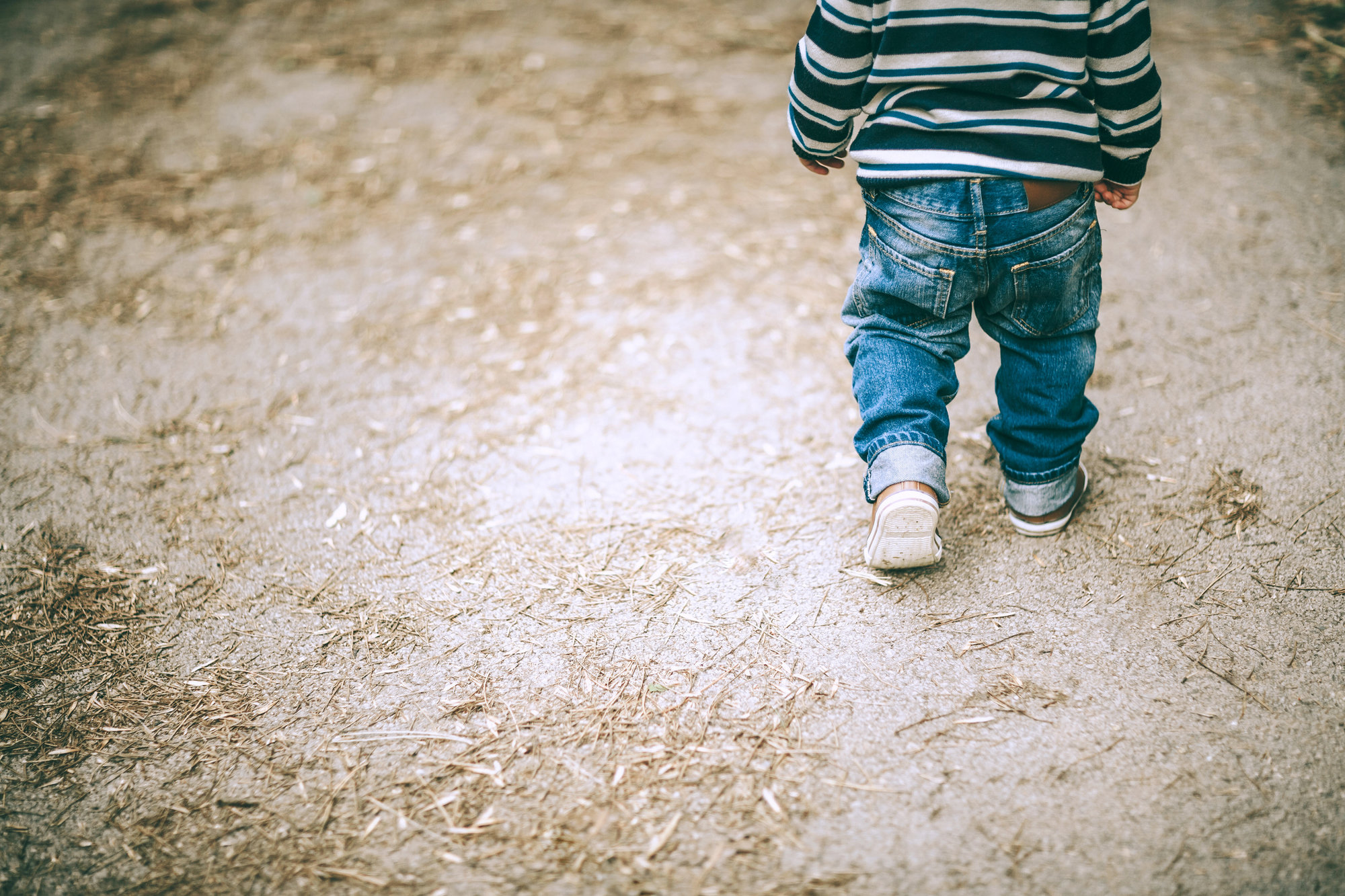 Toddler boy walks away on a dirt path.