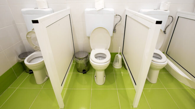 Public restrooms appear not to have stall doors.