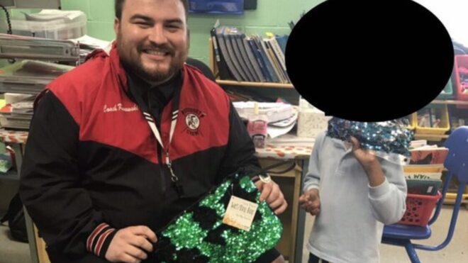 Joe Klanowski sits in a classroom showing off his sequin bag next to the boy who was teased.