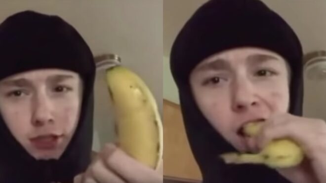 A boy is seen biting into a banana peel in viral video.