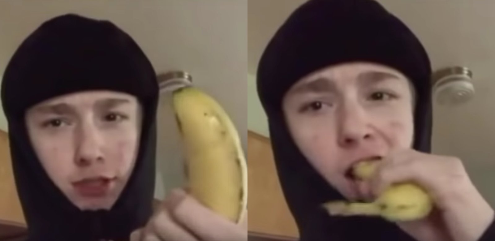 A boy is seen biting into a banana peel in viral video.