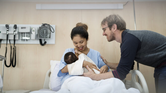 New mom and dad in delivery room