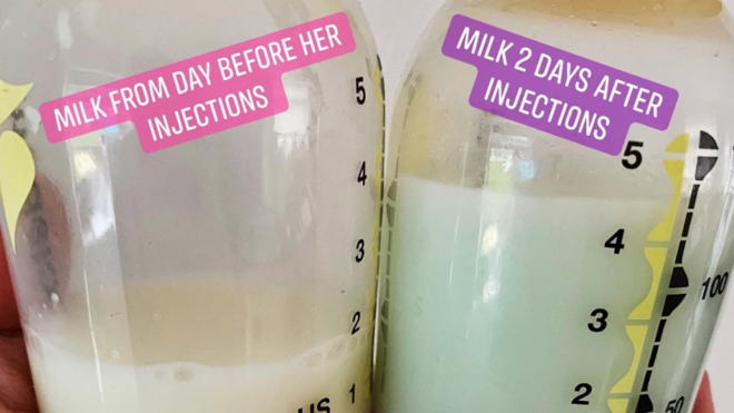 Image of two bottles with pumped breast milk. One is clearly more bluish in color.